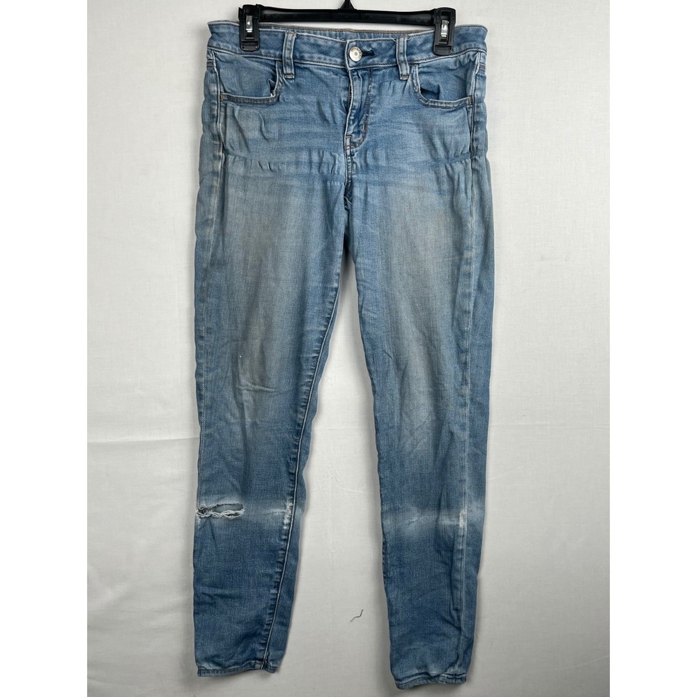 American Eagle Ne(x)t Level Stretch Skinny Jeans Size 8 Long Blue Distressed